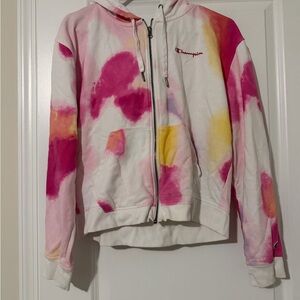 Champion full-zip hoodie with a pink, yellow, and white tie-dye pattern size L